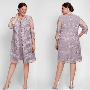 ALEX EVENINGS Embroidered Lace Mock Jacket Cocktail Dress In Smokey Orchid 18W